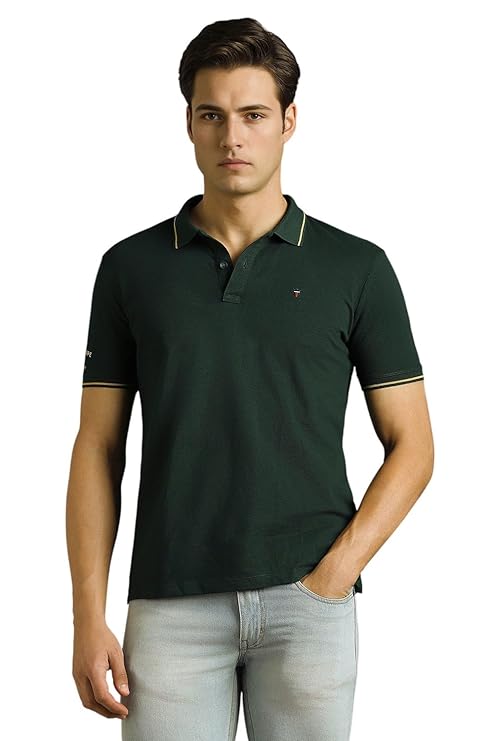 Louis Philippe Men's Slim Fit Single-Tuck Pique Stylized Sleeve Print and Contrast Tipping Half Sleeve Solid Polo Tshirt