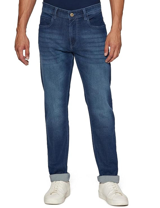 Peter England Men's Tapered Fit Mid Rise Classic Tape Stretchable Twill Jeans